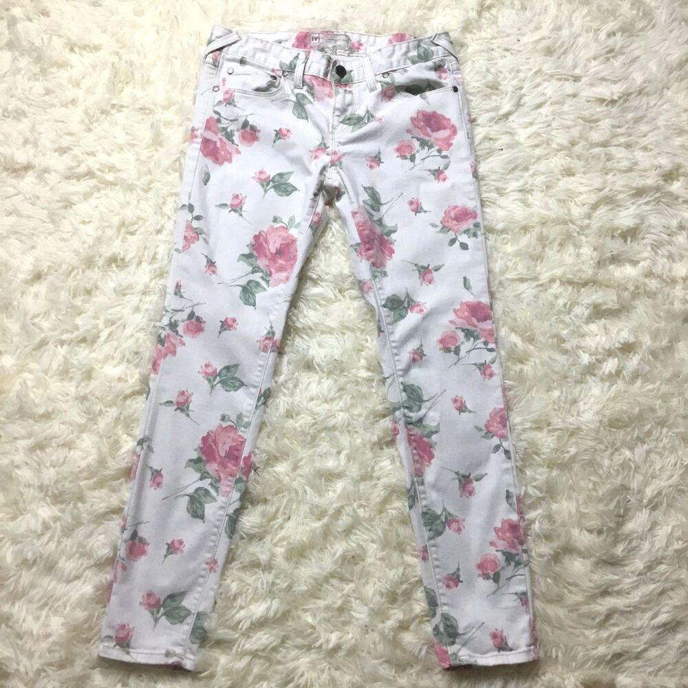 Free People cream chintz jeans demin cotton blend pink roses waist 31" sz 27